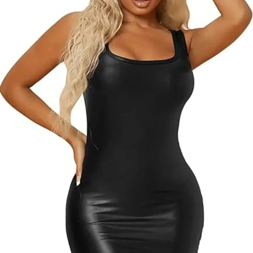 Women's Sleeveless Bodycon Tank Dress PU Leather Mini Dress XS - XXL BLACK